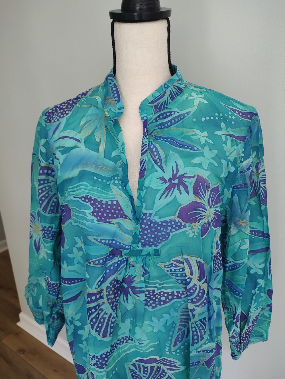 Boo Gems Tunic Top Green Purple Gold Floral Cotton Silk V-Neck Size L - Picture 2 of 12